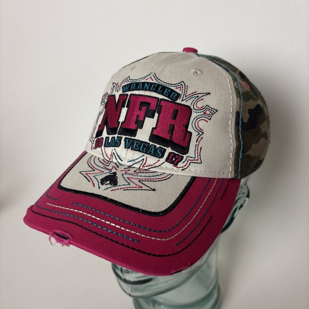 Wrangler NFR Las Vegas Baseball Cap Snapback Hat One Size pink w camo distressed